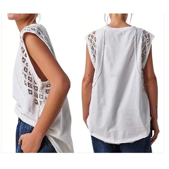 Free People Table for Two Tee White Crochet Boho Sleeveless Cotton Top Small - Picture 1 of 8